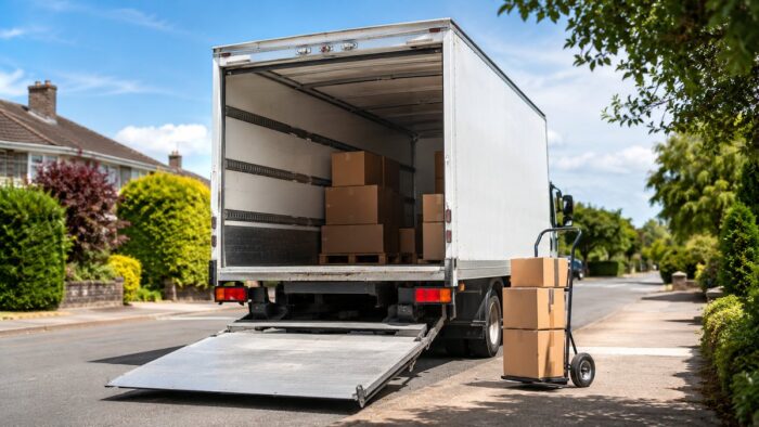 Box truck with tail lift lowered making a final-mile delivery