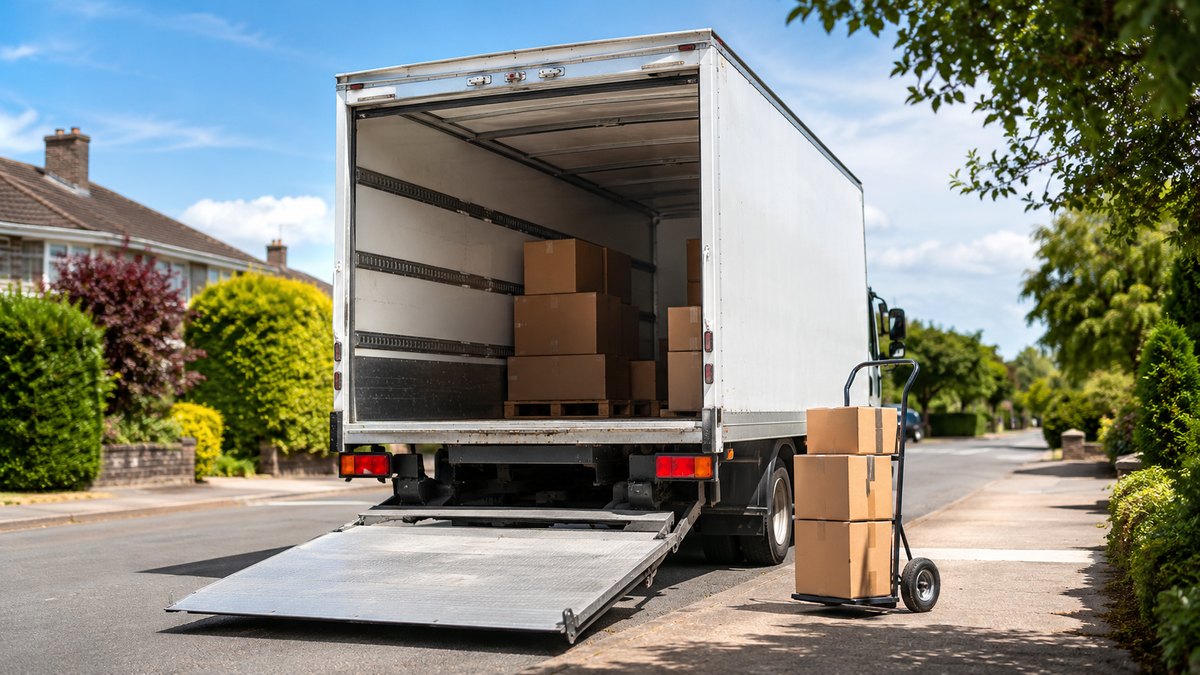 Box truck with tail lift lowered making a final-mile delivery