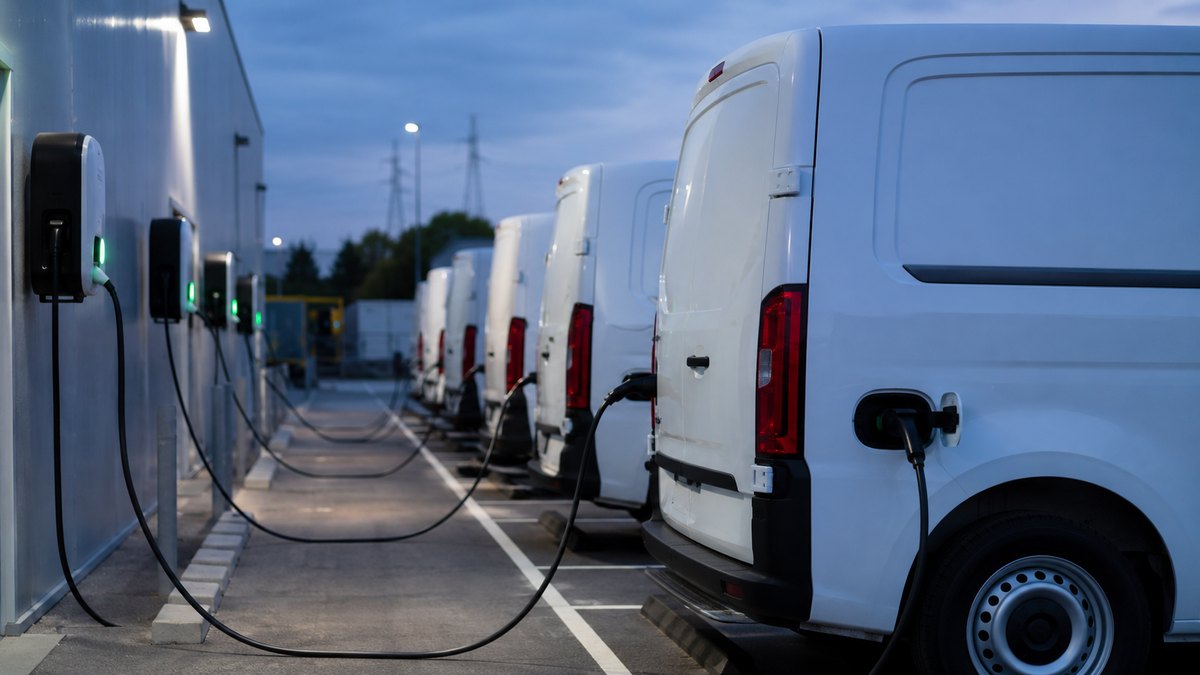 Fleet of electric delivery vans charging at a depot at dusk