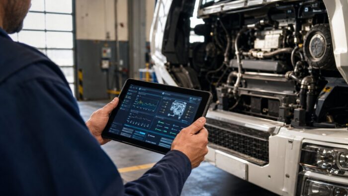 Fleet mechanic reviewing truck telematics and diagnostic data on a tablet