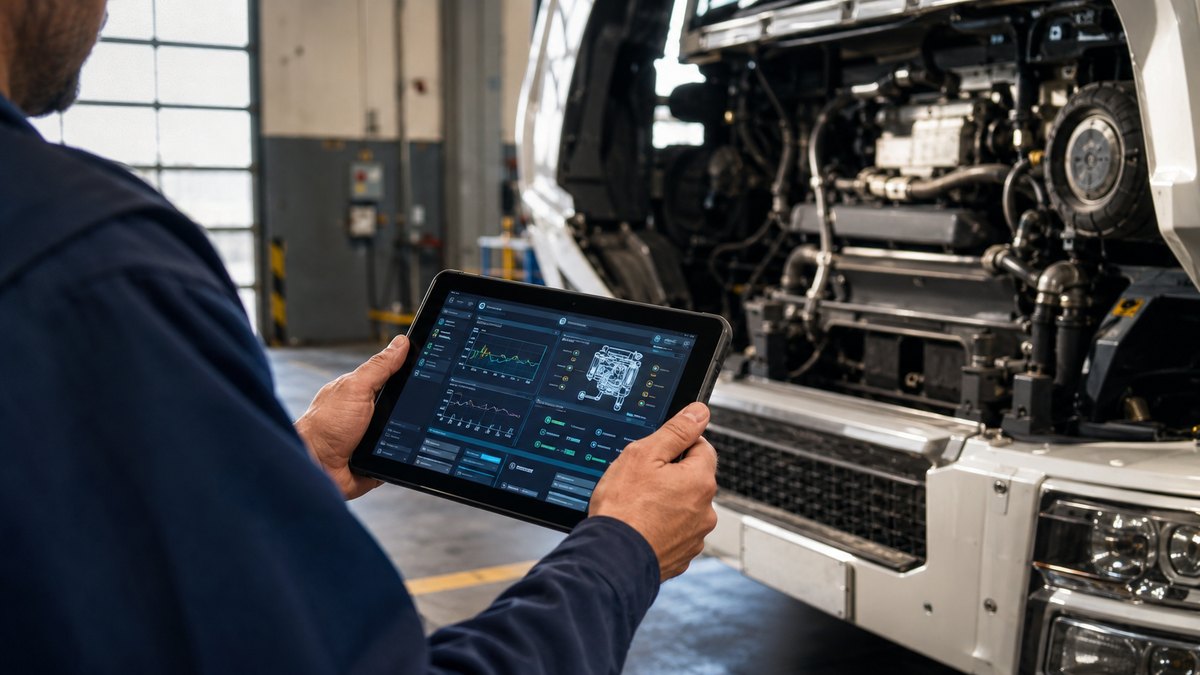 Fleet mechanic reviewing truck telematics and diagnostic data on a tablet