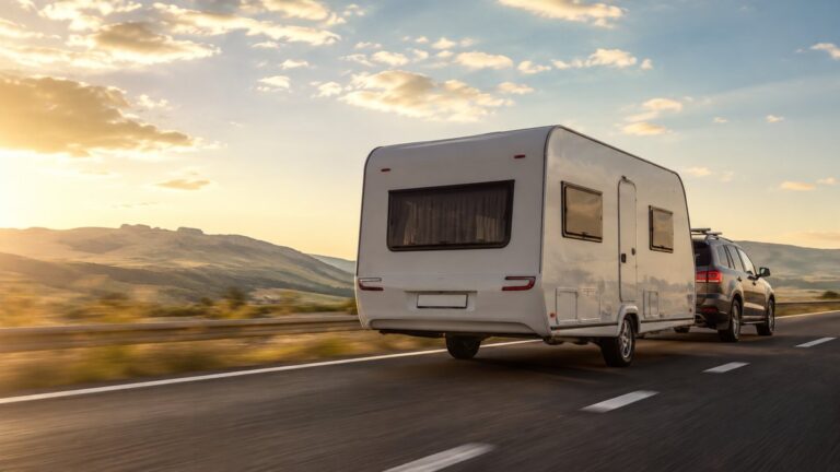 SUV towing a caravan safely on an open highway in a crosswind
