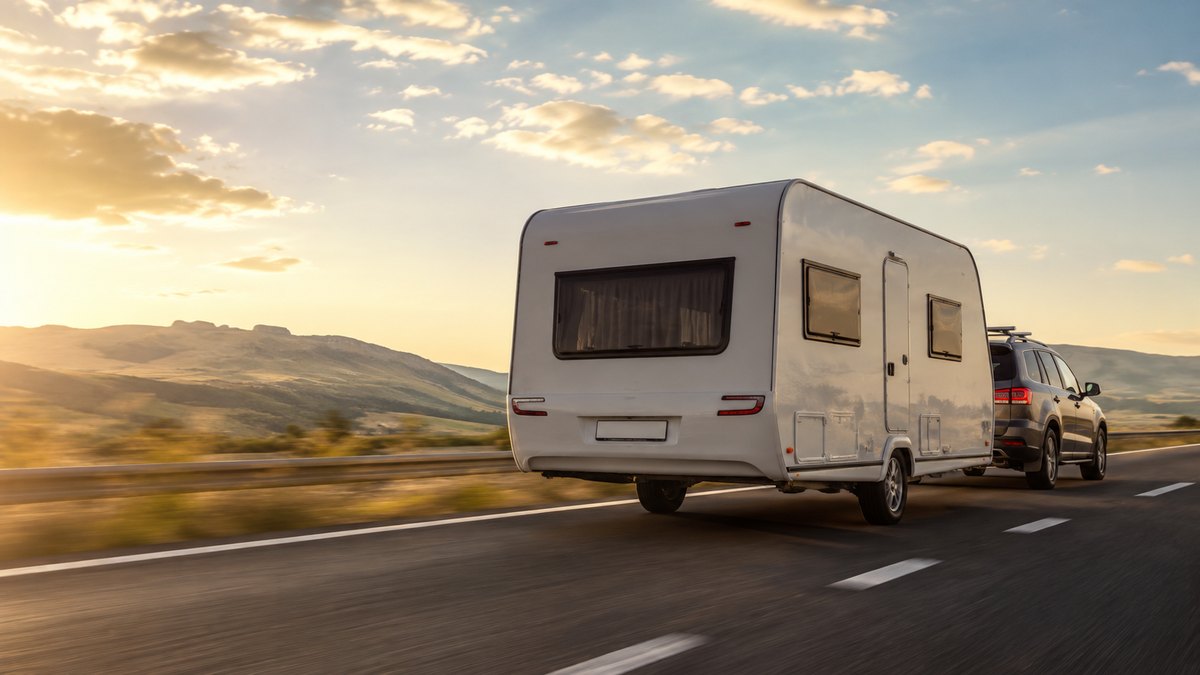 SUV towing a caravan safely on an open highway in a crosswind
