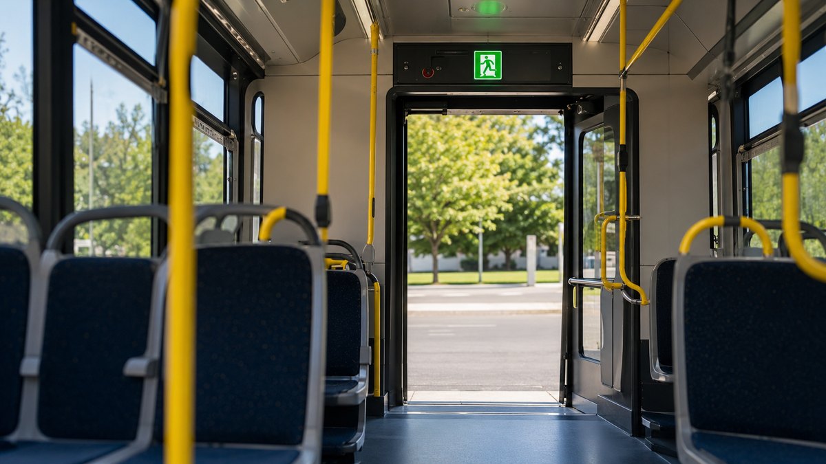 Modern transit bus interior showing an illuminated emergency exit and open rear door