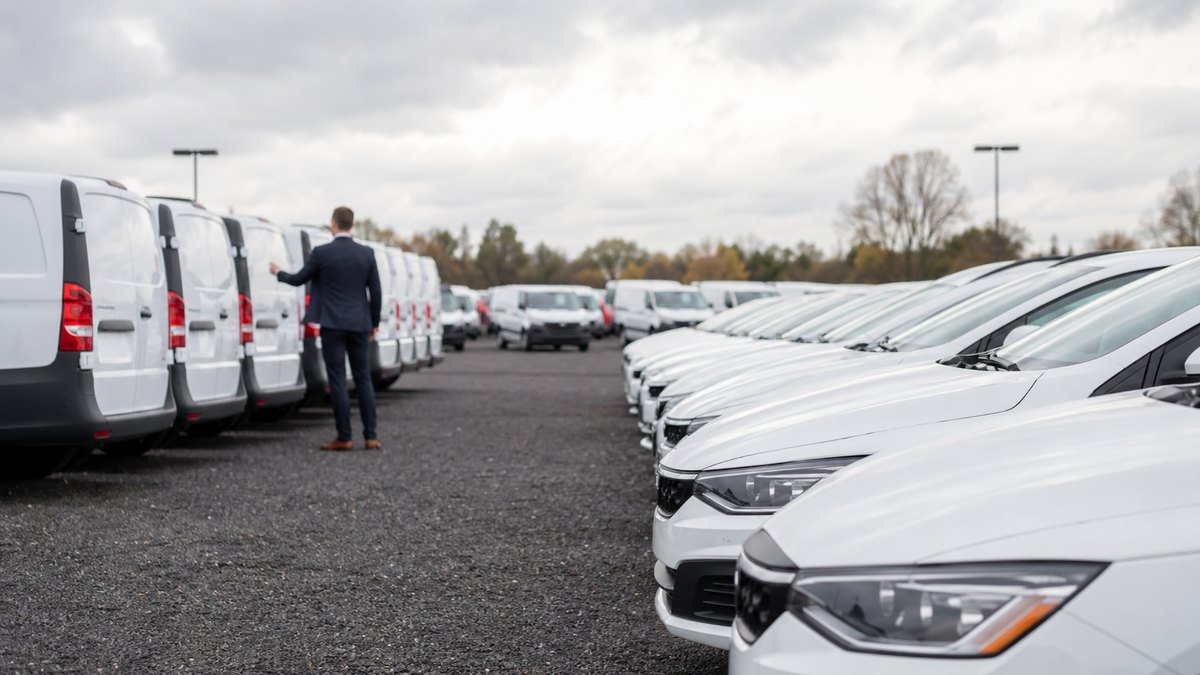 Rows of wholesale fleet vehicles at an auction lot being inspected for a small business