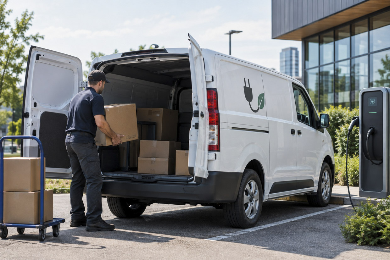 Electric delivery van being loaded with parcels beside a charging station outside a modern building in daylight, illustrating small business logistics and EV usage.