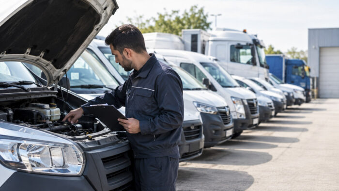 Fleet technician inspecting the engine of a delivery van with hood open in a commercial yard, with multiple vans lined up in the background, representing maintenance decisions and vehicle replacement timing.