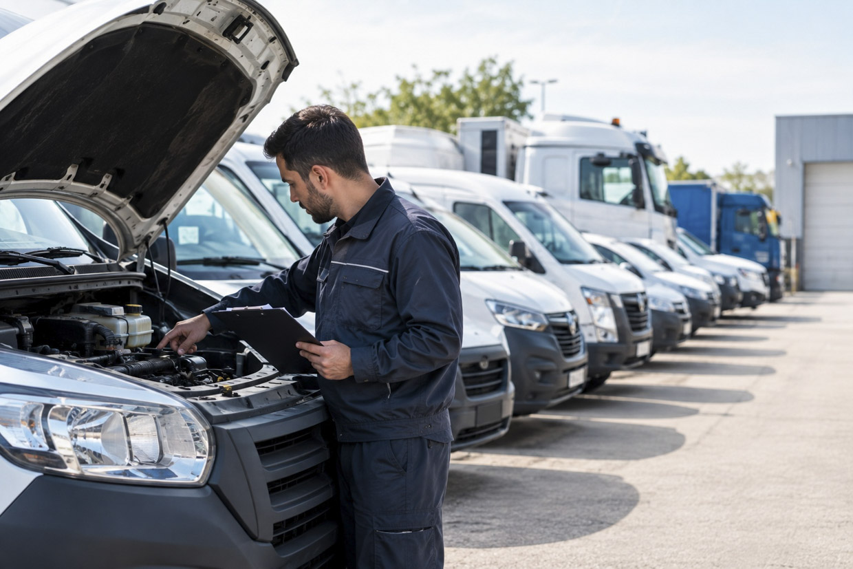 Fleet technician inspecting the engine of a delivery van with hood open in a commercial yard, with multiple vans lined up in the background, representing maintenance decisions and vehicle replacement timing.